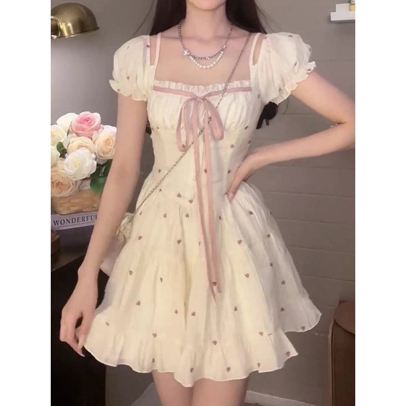 Design niche high waist slim dress women's summer new style puff sleeve square collar age-reducing princess puffy skirt