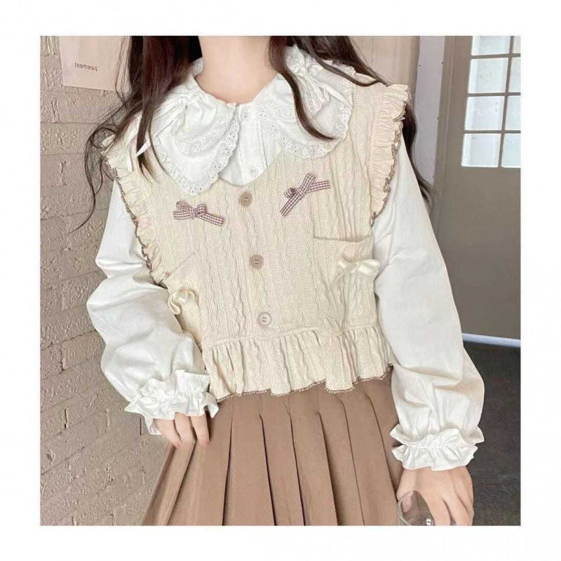 Inner shirt, autumn Japanese style soft girl cute lace doll collar lace-up long-sleeved top as base layer
