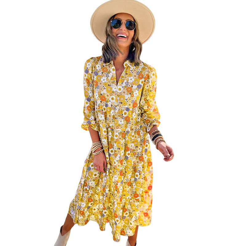 European and American thin bohemian style printed long skirt for women autumn new ruffled dress for women factory direct supply