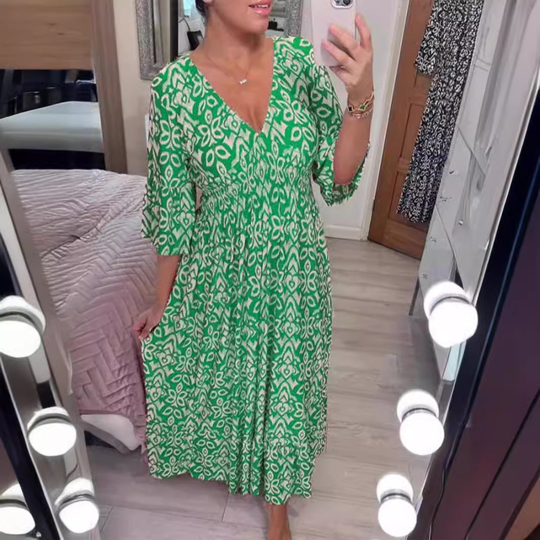 2024 Summer New Amazon Super Fairy V-neck Dress Seaside Vacation Beach Dress Printed Loose Long Dress Women