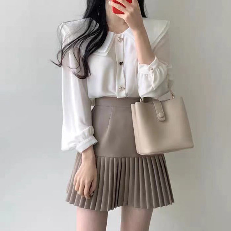 Chiffon shirt suit female spring and autumn temperament two-piece design double-layer doll collar top half-length pleated skirt