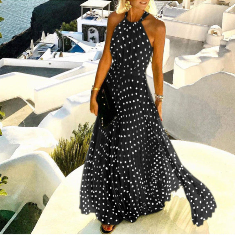 2021 European and American foreign trade new style round neck sleeveless printed pleated dress women's dress long skirt