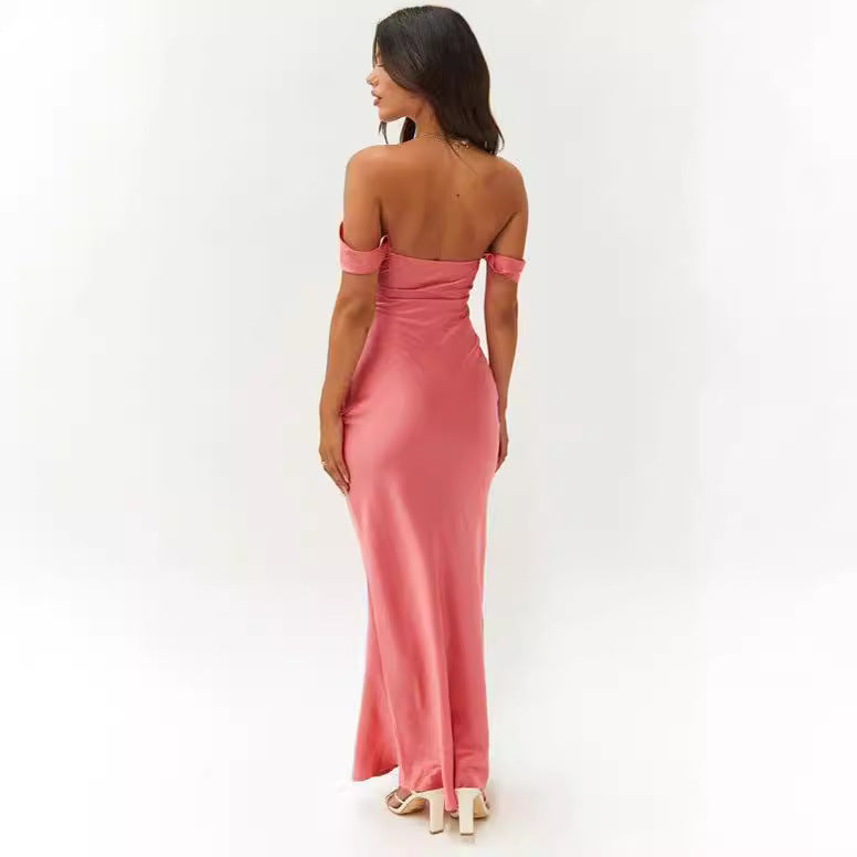 2023 Spring and Summer European and American New Ins One Shoulder Tube Top Satin Hip-Hip Backless Women's Dress Long Dress Evening Dress