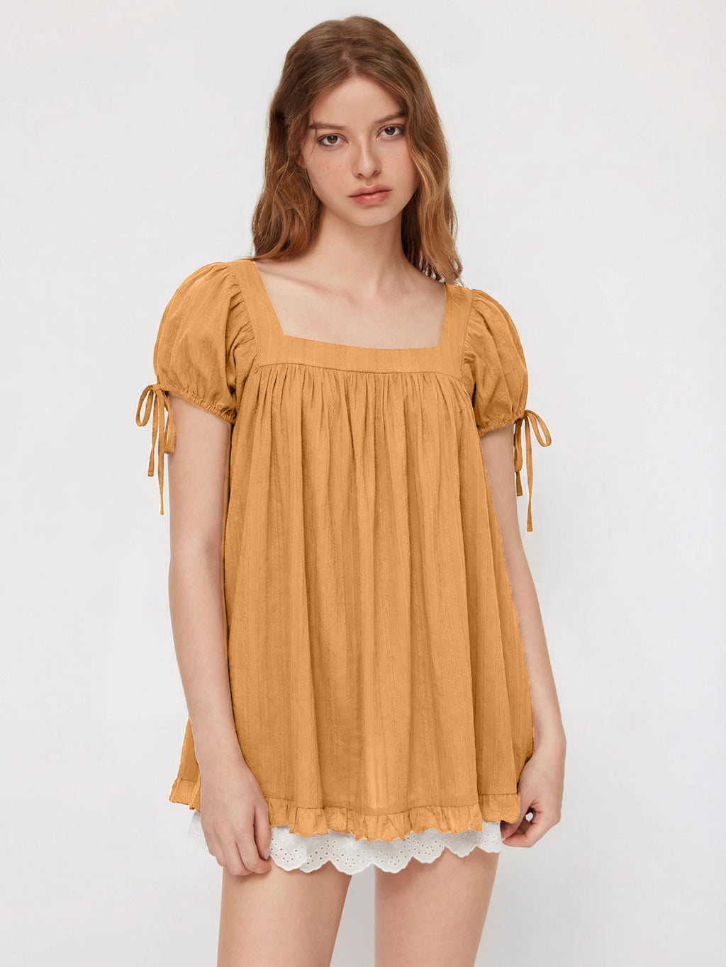 2026 New Cross-Border European and American Amazon Independent Store Women's Casual Square Neck Ruffle Tie Short Sleeve Shirt