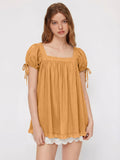 2026 New Cross-Border European and American Amazon Independent Store Women's Casual Square Neck Ruffle Tie Short Sleeve Shirt