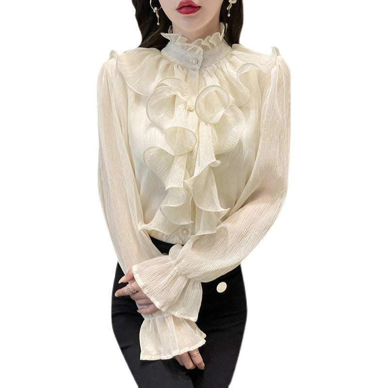 Real shot! 2022 new autumn ruffled long-sleeved chiffon shirt, super comfortable and solid color for commuting and reducing age
