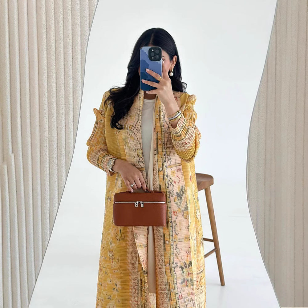 Middle Eastern robes for women Issey Miyake pleated printed cardigan long coat Arab robes large size Abaya