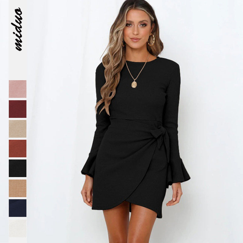 Factory direct sales Europe and the United States fashion autumn clothes small trumpet ruffles long-sleeved slim bow temperament high-end dress