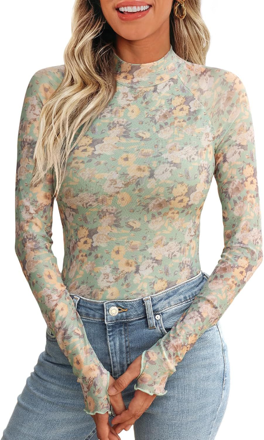 Cross-border e-commerce, Europe and America, Amazon TK2025 best-selling pullover turtleneck long-sleeved lace floral mesh base layer T-shirt for women
