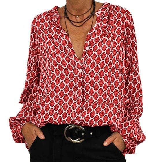 New Amazon independent station cross-border women's clothing foreign trade spring V-neck long-sleeved fashionable and elegant printed T-shirt shirt