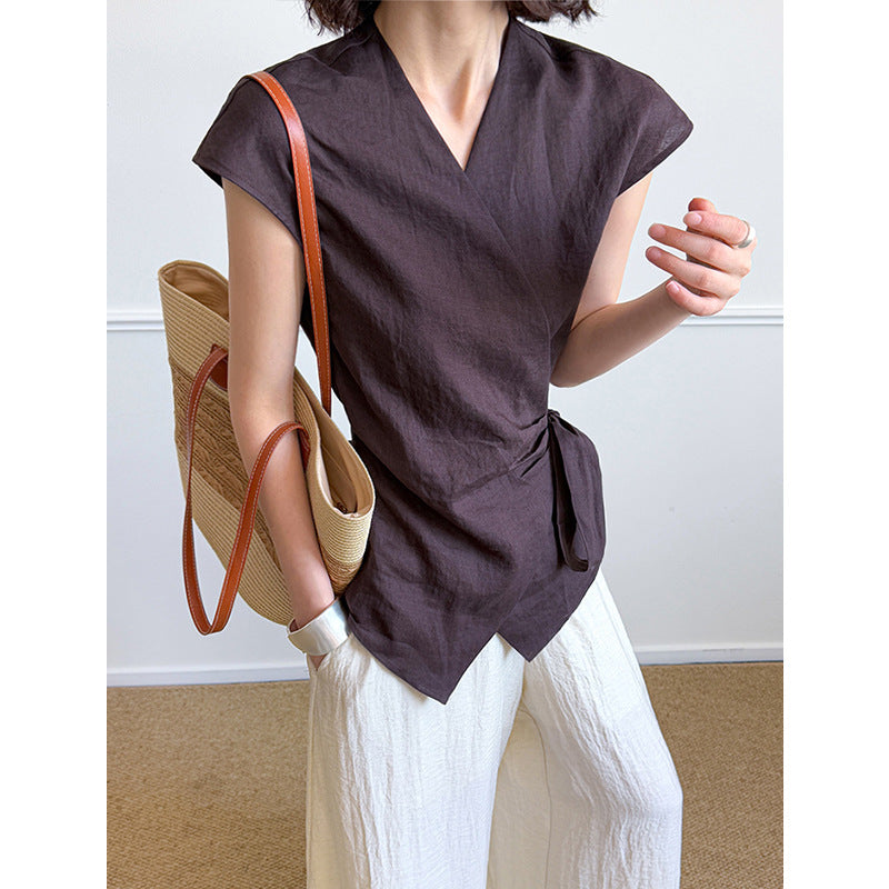 Juzhi Summer New Fashionable Casual Ramie Shirt Women's Irregular Vest Versatile Top 8011-1