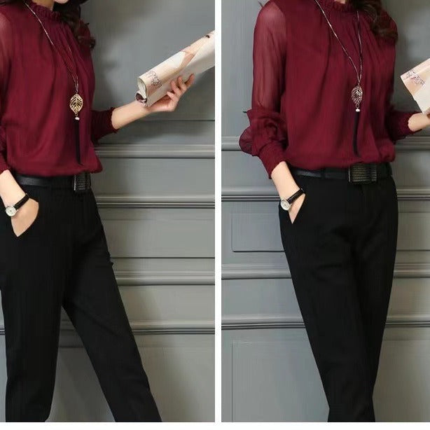 Chiffon shirt women's spring and autumn 2023 new design niche trendy black long-sleeved lace V-neck top women