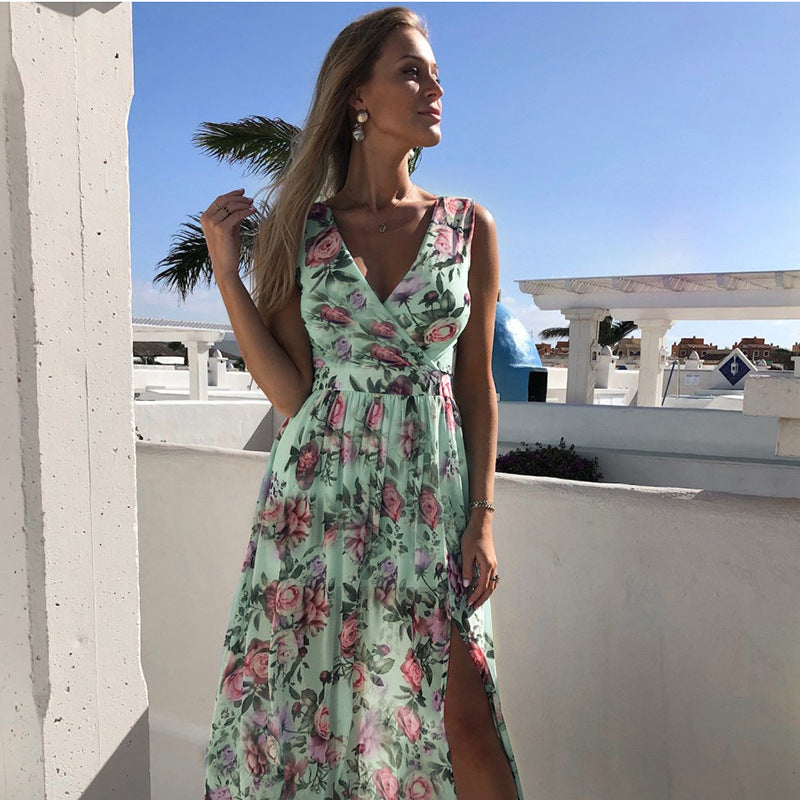 2021 cross-border new spring and summer fashion trend beach European and American printed chiffon sleeveless split V-neck dress