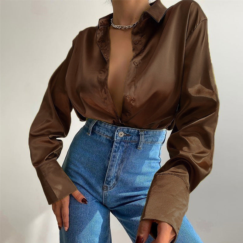 Long-sleeved satin shirt women's spring single-breasted cardigan European and American fashion temperament casual top shirt women's clothing
