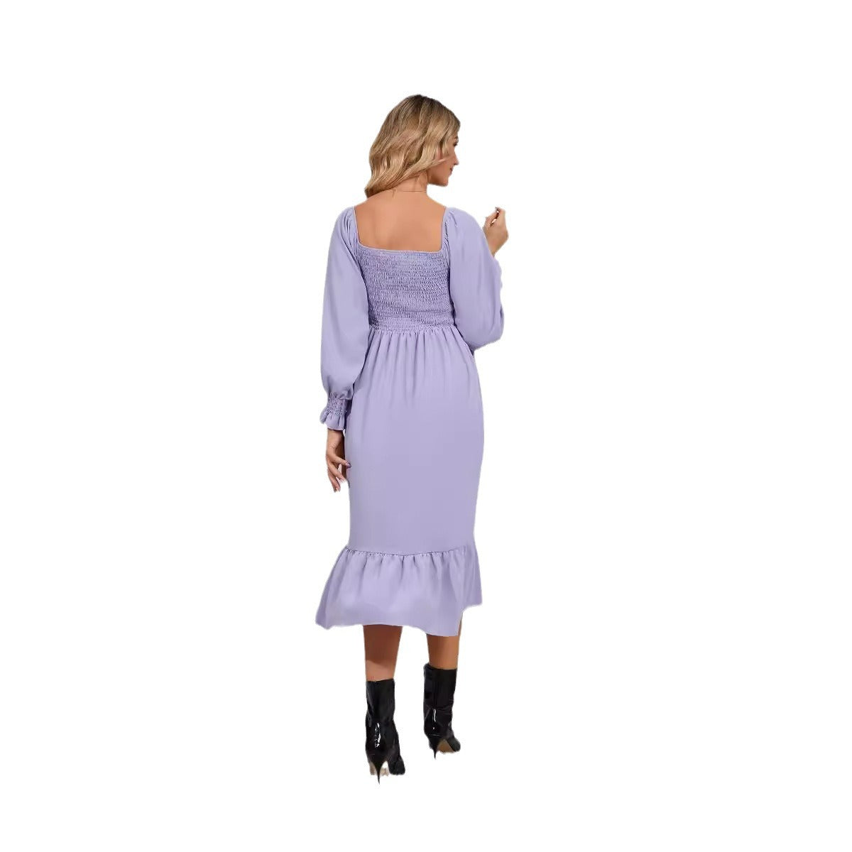 square collar spring and autumn new long sleeve ruffled high waist maternity skirt solid color dress