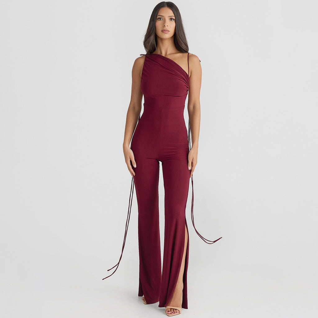 European and American style women's clothing 2024 summer new fashion sexy backless pleated slit slim lace jumpsuit wholesale
