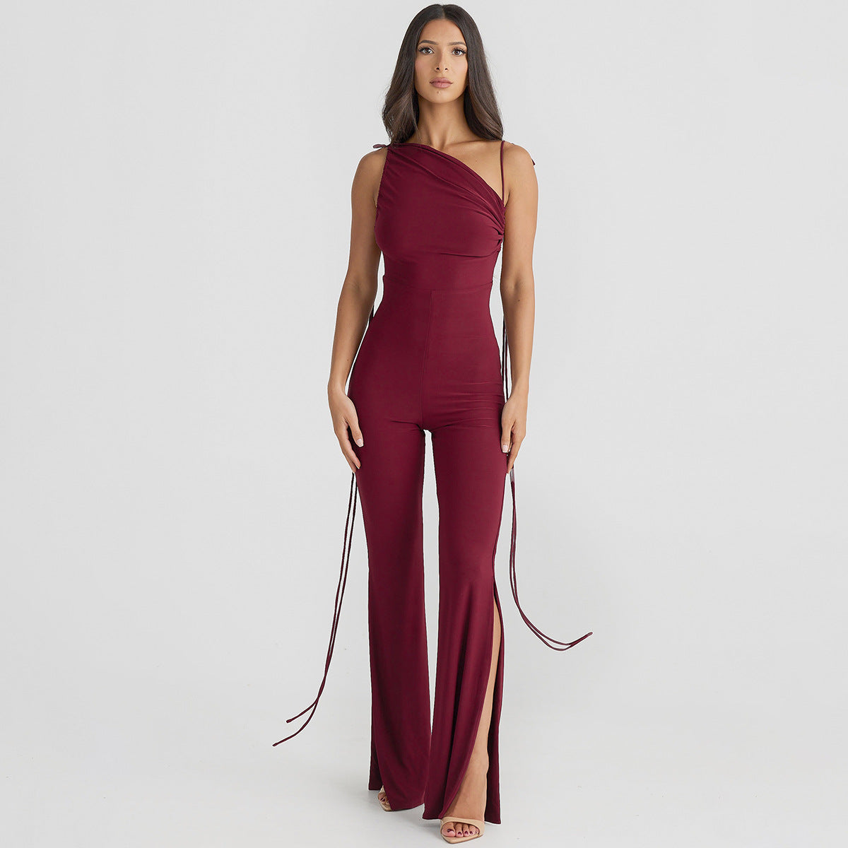European and American style women's clothing 2024 summer new fashion sexy backless pleated slit slim lace jumpsuit wholesale