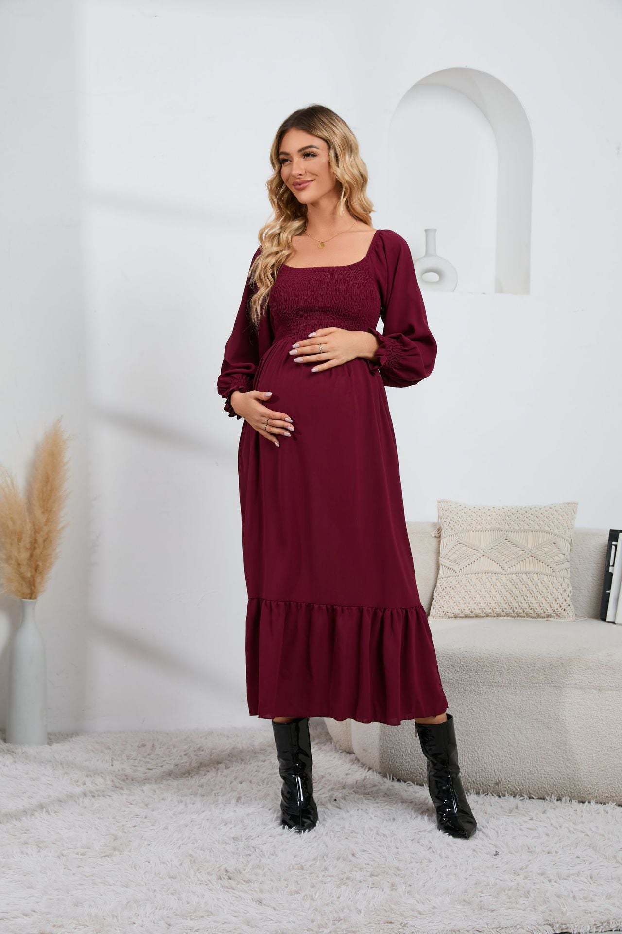 square collar spring and autumn new long sleeve ruffled high waist maternity skirt solid color dress