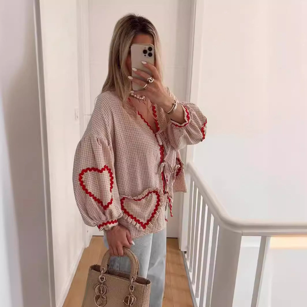 GY25071 Fashion contrast color plaid lantern sleeve top