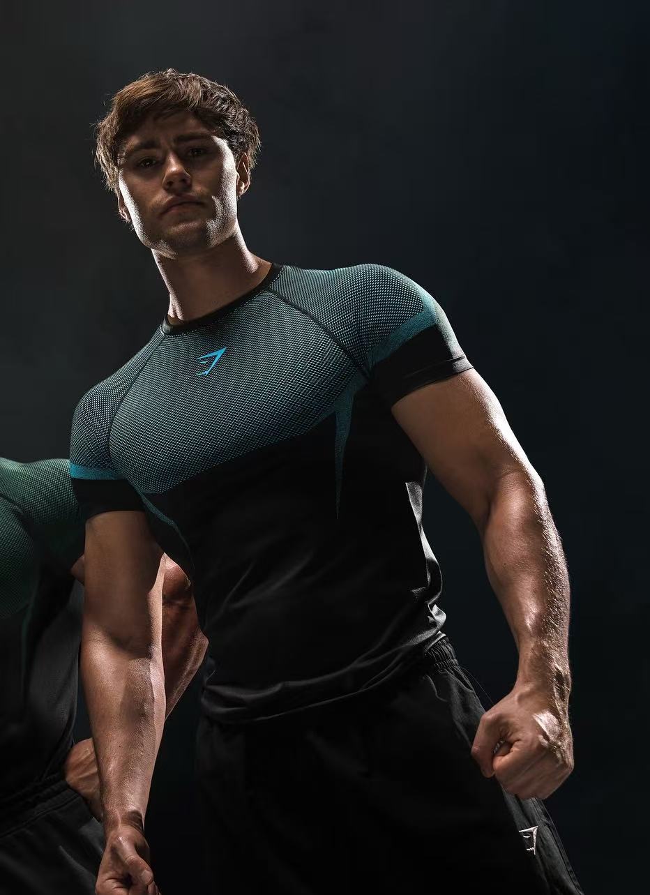 GYMSHARK Men's Fitness Top, Casual Running, Quick-Drying, Breathable, Tight-Fitting Short-Sleeve T-Shirt, Men's Muscle Shark