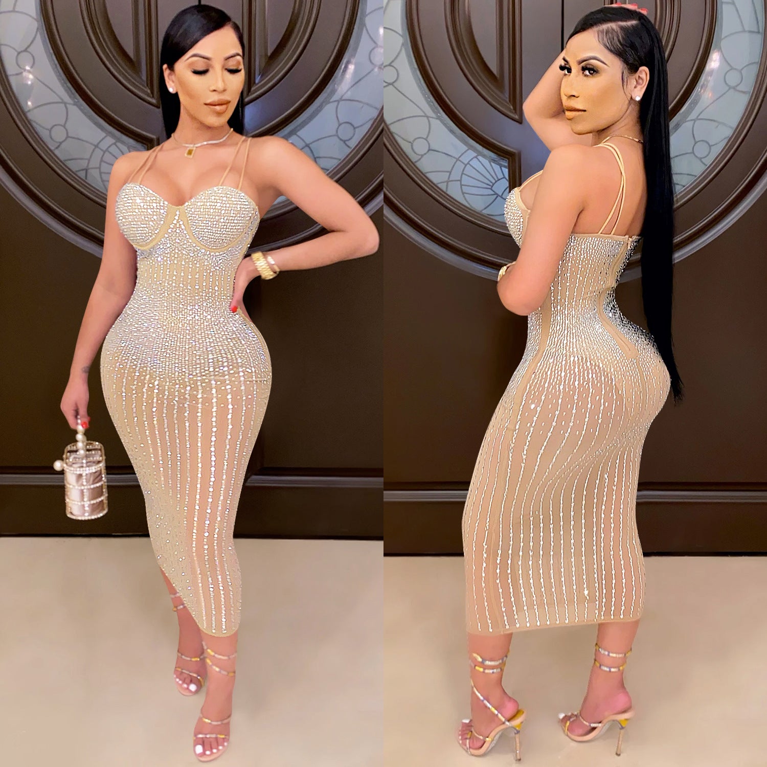 X3805 Cross-border new product European and American fashion women's clothing Party nightclub mesh see-through ironing diamond inlaid diamond strap dress
