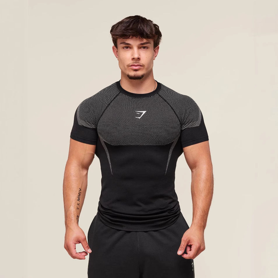 GYMSHARK Men's Fitness Top, Casual Running, Quick-Drying, Breathable, Tight-Fitting Short-Sleeve T-Shirt, Men's Muscle Shark