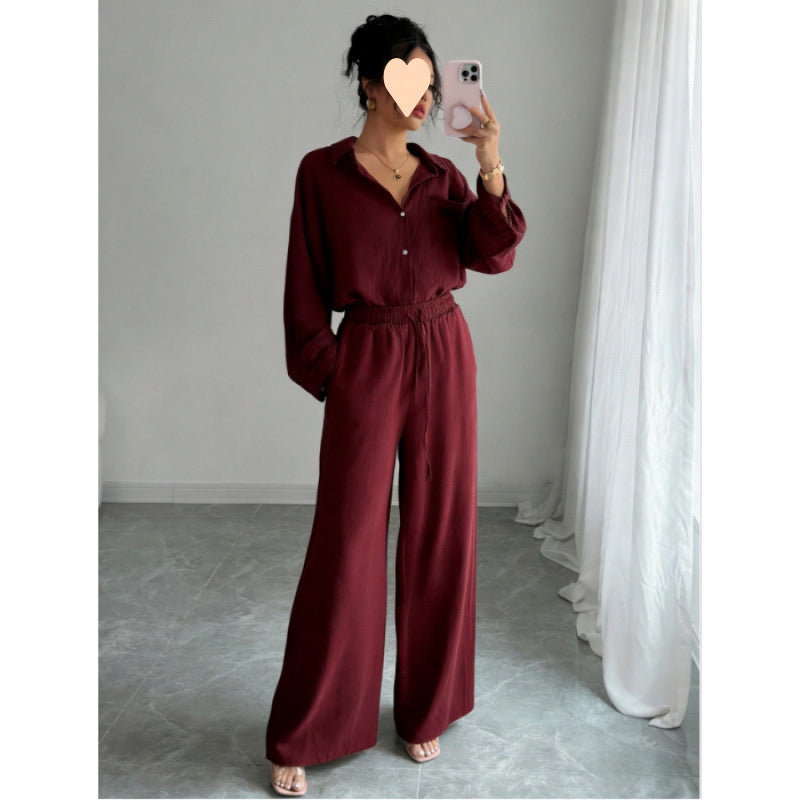 European and American cross-border spring new style elegant fashion women's two-piece set plus size faux linen shirt set high waist loose trousers
