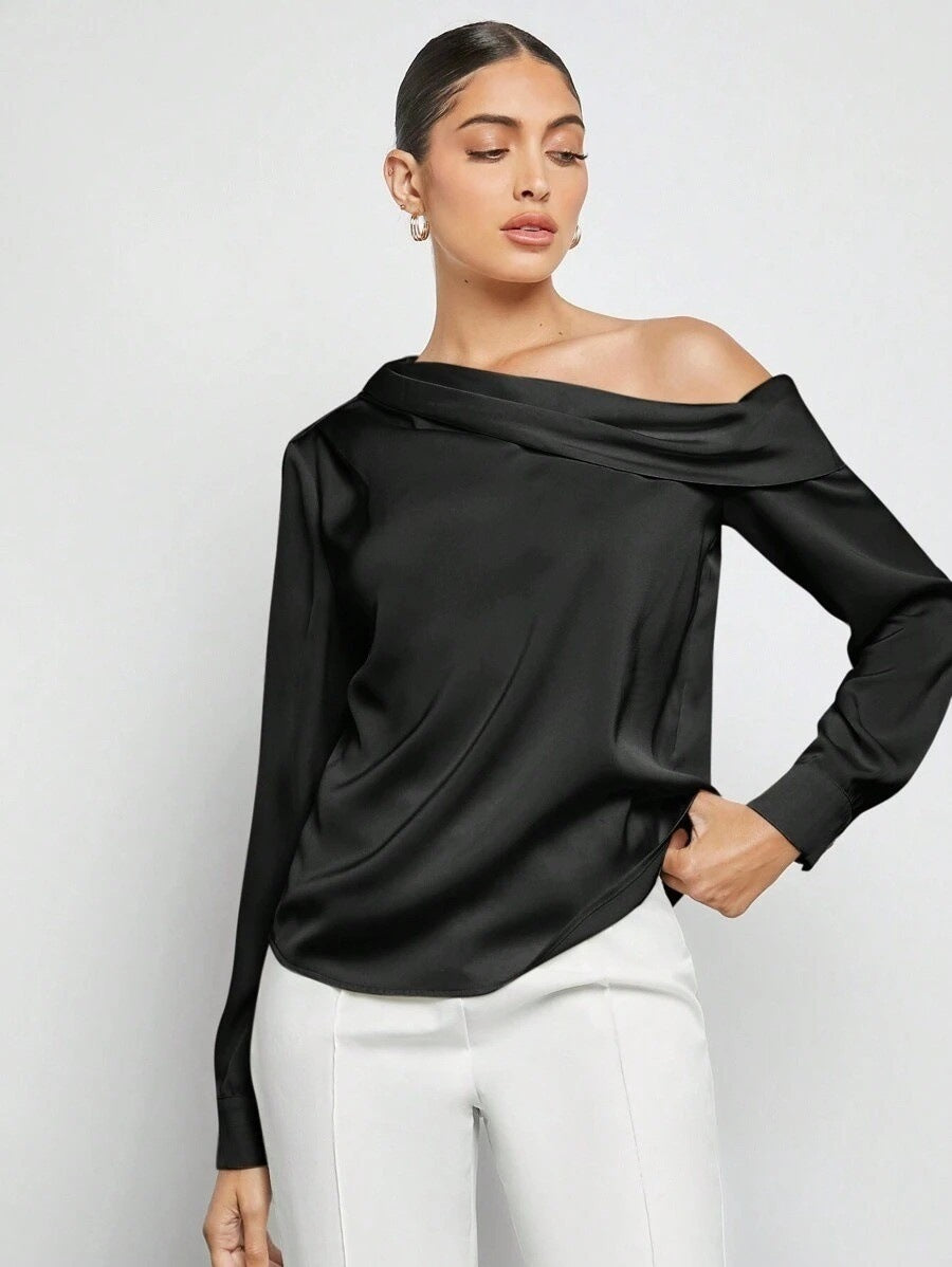 Foreign trade cross-border pleated satin shirt top spring and summer European and American Amazon off-shoulder asymmetrical long-sleeved shirt women's clothing