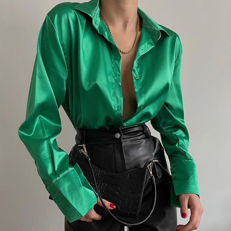 Long-sleeved satin shirt women's spring single-breasted cardigan European and American fashion temperament casual top shirt women's clothing
