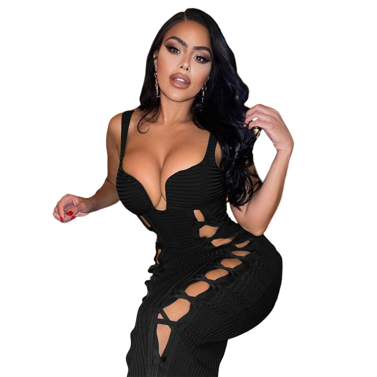 Q22S8068 European and American women's clothing Amazon 22 spring new solid color thread hollow out nightclub sexy dress