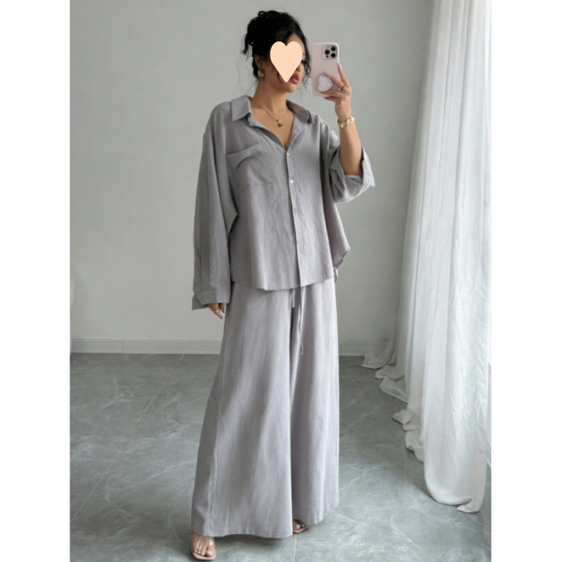 European and American cross-border spring new style elegant fashion women's two-piece set plus size faux linen shirt set high waist loose trousers
