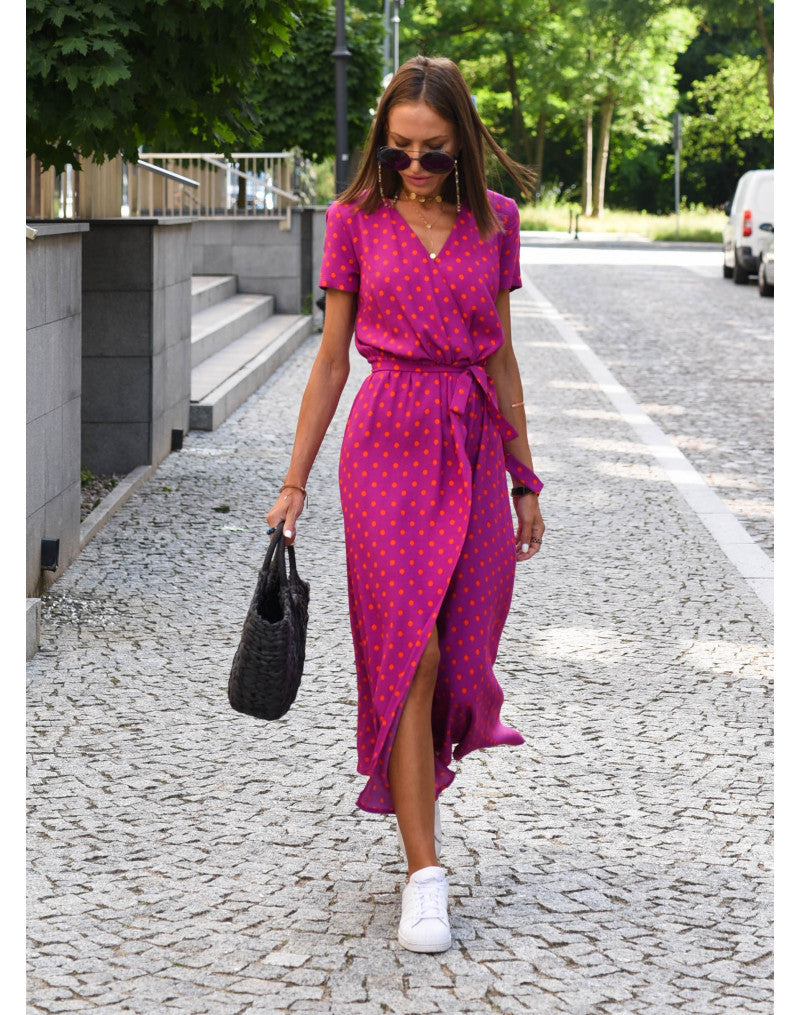 Amazon hot sale new summer European and American printed V-neck short-sleeved lace-up adjustable waist slit long skirt dress