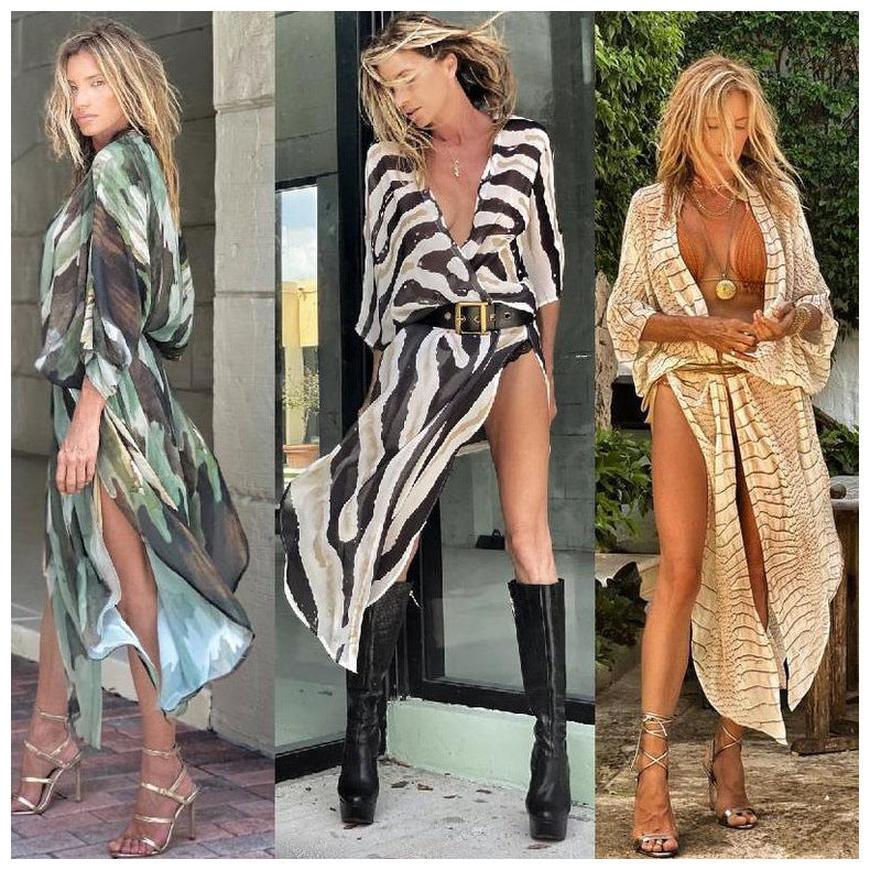Cross-border foreign trade independent station new 2021 summer printing large size sunscreen beach loose holiday chiffon cardigan women