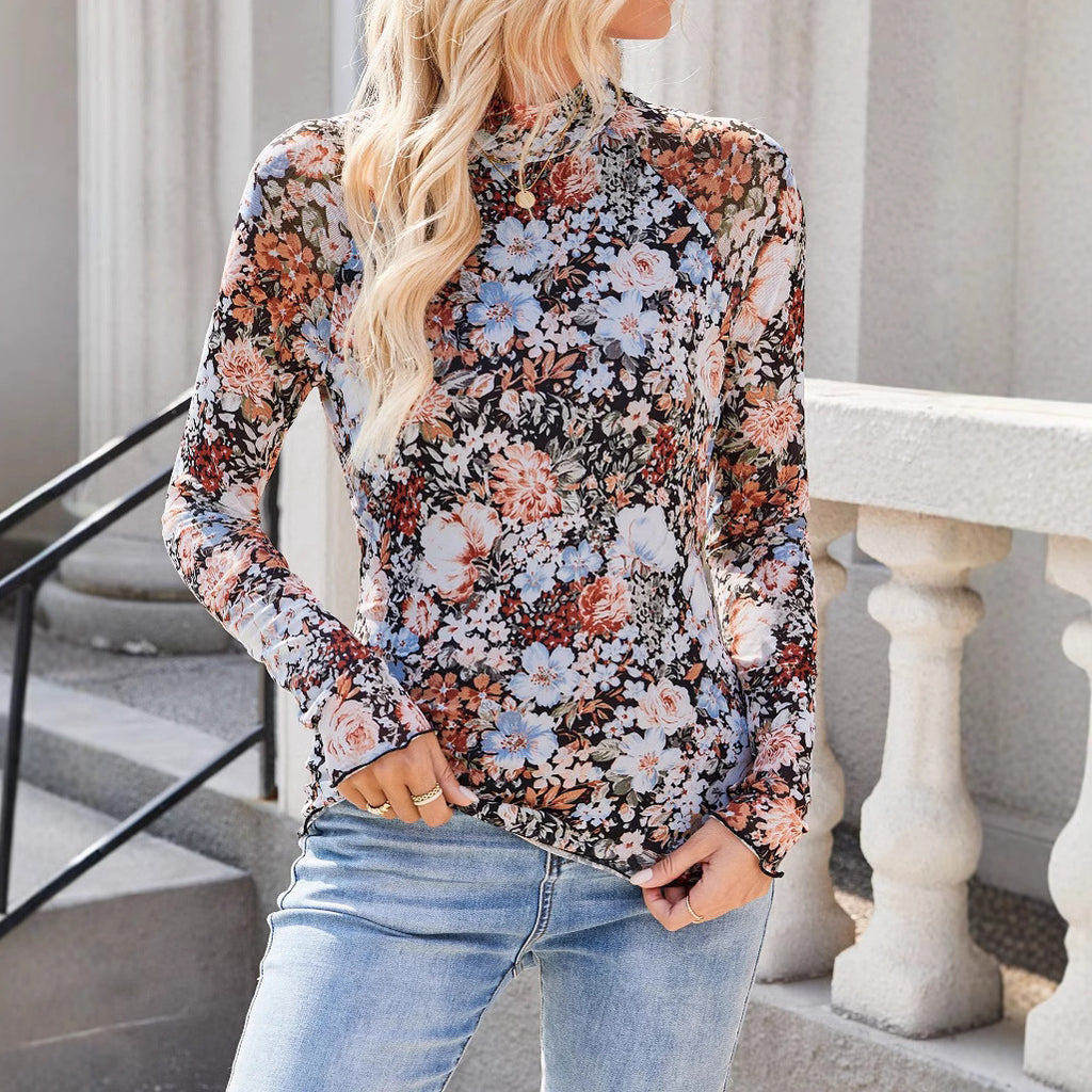 Cross-border e-commerce, Europe and America, Amazon TK2025 best-selling pullover turtleneck long-sleeved lace floral mesh base layer T-shirt for women