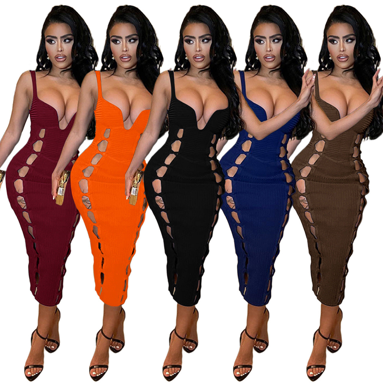 Q22S8068 European and American women's clothing Amazon 22 spring new solid color thread hollow out nightclub sexy dress