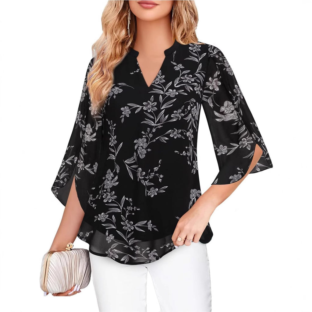 2025 Cross-Border Amazon Casual Summer New European and American Style Women's Petal Sleeve Top Loose V-Neck Chiffon Shirt