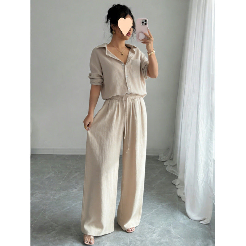 European and American cross-border spring new style elegant fashion women's two-piece set plus size faux linen shirt set high waist loose trousers