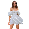 French sexy one-shoulder dress 2023 summer new fashion puff sleeve pleated waist slimming dress
