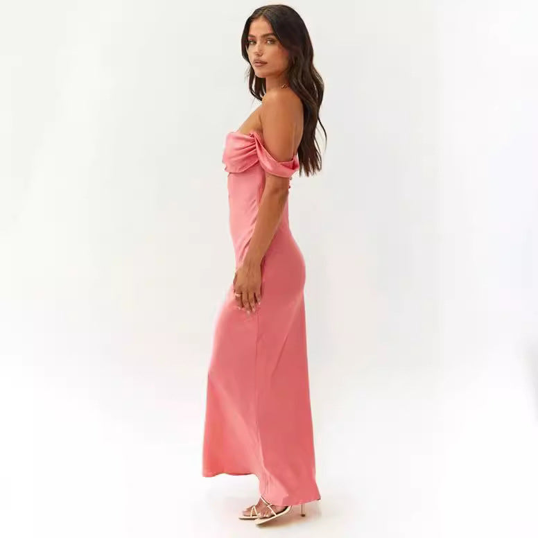 2023 Spring and Summer European and American New Ins One Shoulder Tube Top Satin Hip-Hip Backless Women's Dress Long Dress Evening Dress