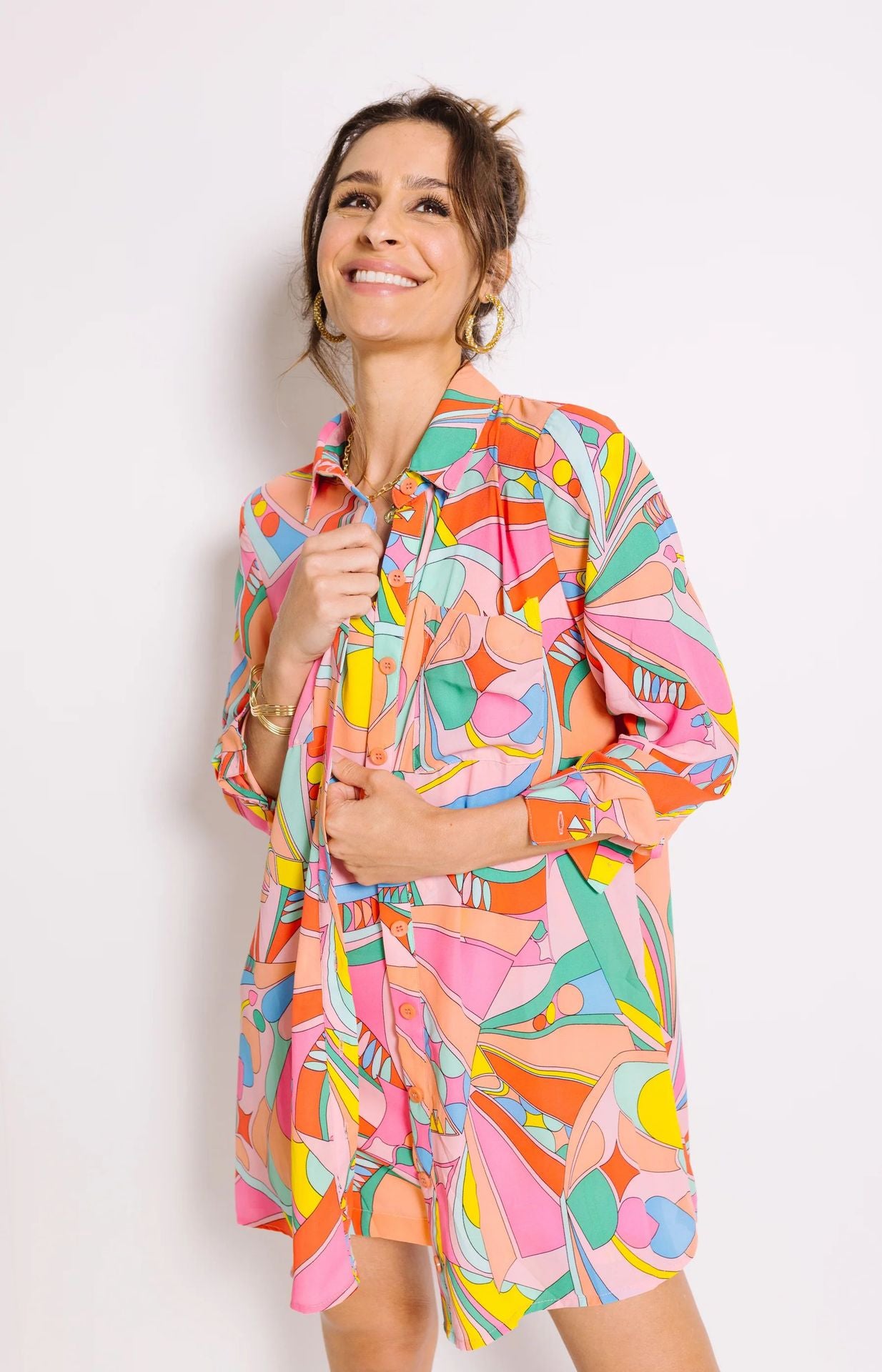 European and American cross-border women's clothing 2023 new shirt mid-length novel bright abstract printing blouse