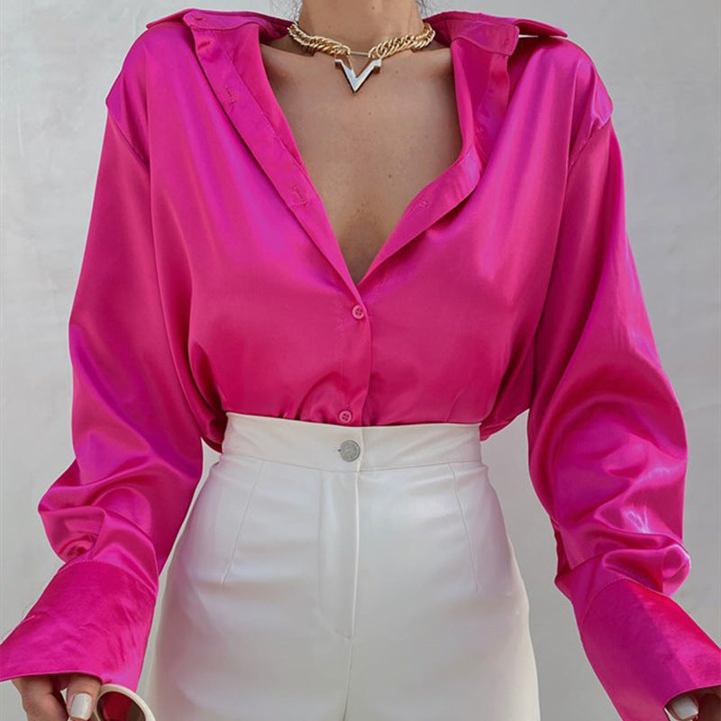 Long-sleeved satin shirt women's spring single-breasted cardigan European and American fashion temperament casual top shirt women's clothing