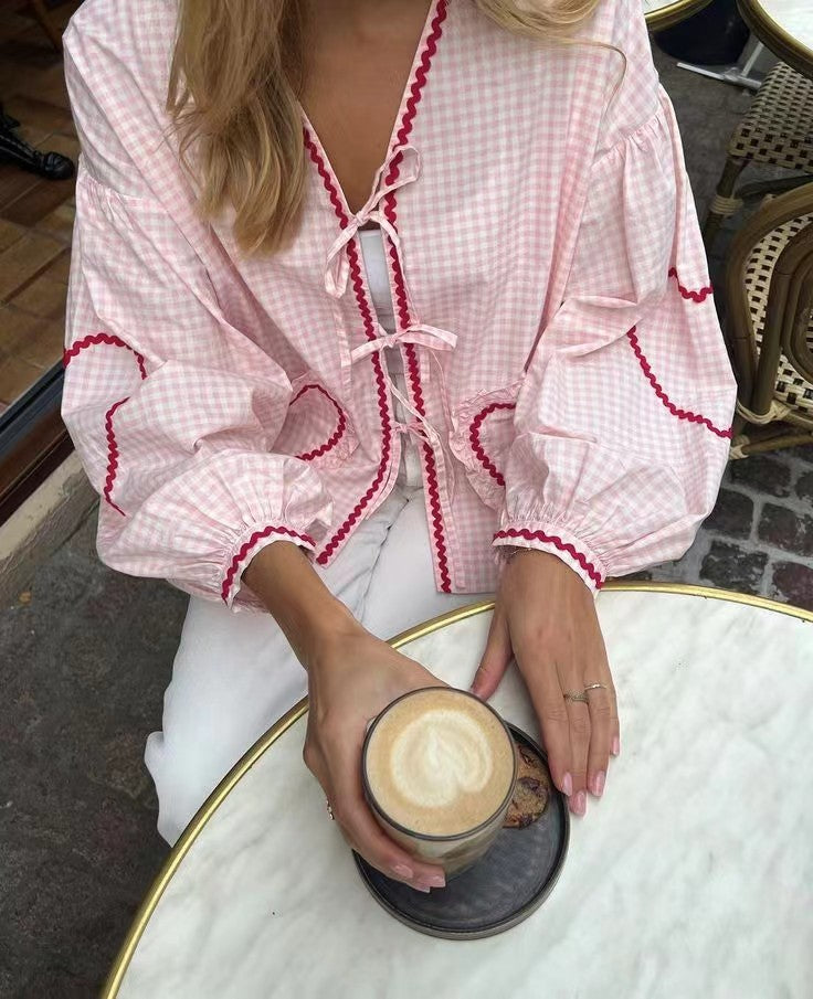 GY25071 Fashion contrast color plaid lantern sleeve top
