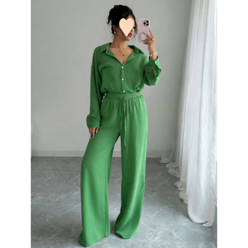 European and American cross-border spring new style elegant fashion women's two-piece set plus size faux linen shirt set high waist loose trousers