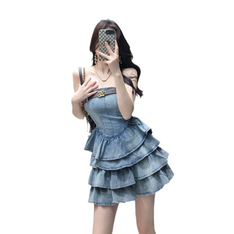 American hottie chest wrap denim dress female 2024 summer new style high waist slim a-shaped cake medium length group tide