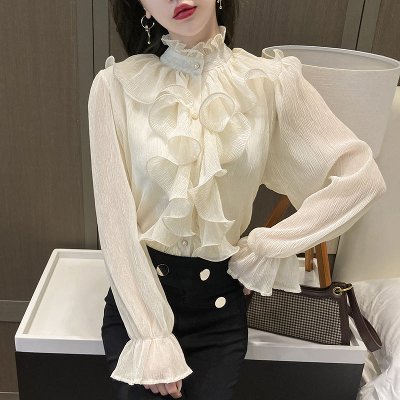 Real shot! 2022 new autumn ruffled long-sleeved chiffon shirt, super comfortable and solid color for commuting and reducing age