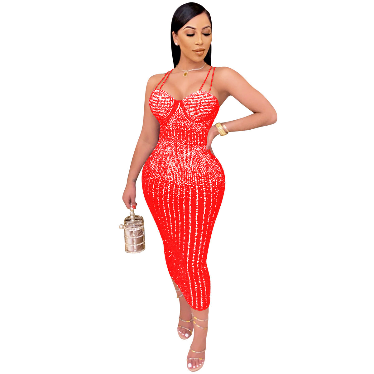 X3805 Cross-border new product European and American fashion women's clothing Party nightclub mesh see-through ironing diamond inlaid diamond strap dress