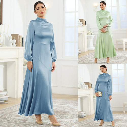 2023 new autumn foreign trade satin conservative long-sleeved loose dress with elegant temperament women's evening dress