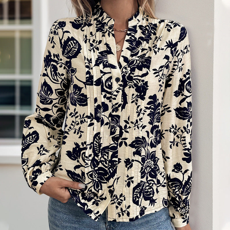 Amazon cross-border e-commerce, new autumn retro print shirt with stand collar, elegant and stylish women's shirt top.