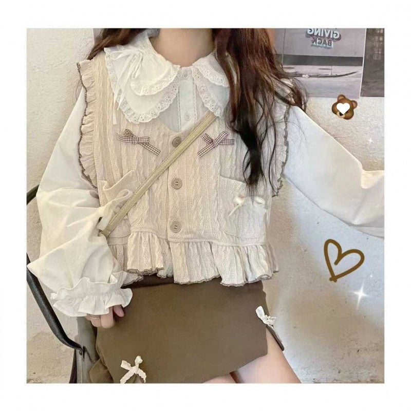Inner shirt, autumn Japanese style soft girl cute lace doll collar lace-up long-sleeved top as base layer