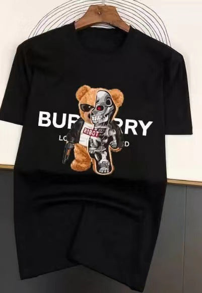 Factory direct stock of trendy new men's T-shirts with bear print, loose fit, crew neck, and sporty design.